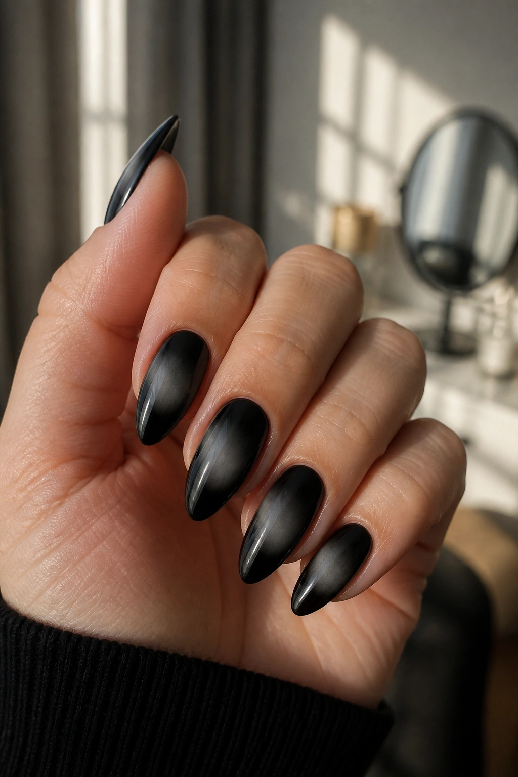 Close-up of almond nails with smoky aura on black base