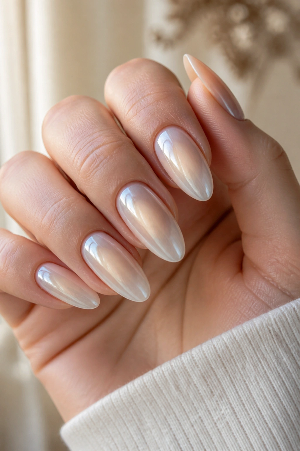 Close-up of aura nails with a cloudy center pearl glow on almond nails.
