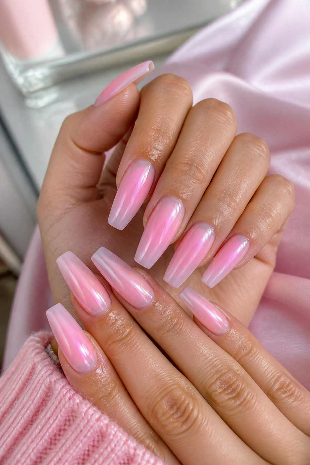 Close-up of aura coffin nails with center glow on real hand