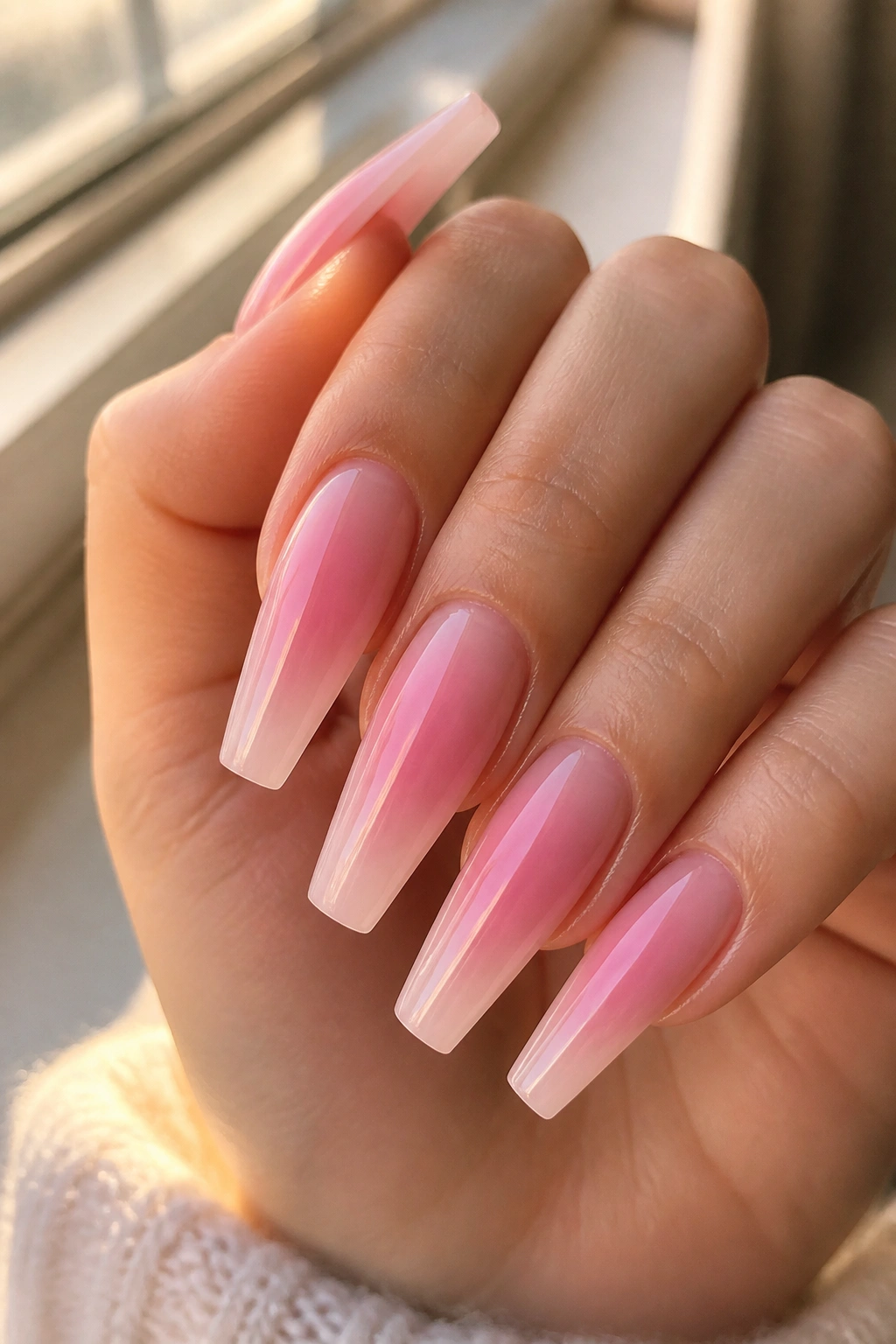 Close-up of airbrushed pink aura coffin nails with centered darker pink glow