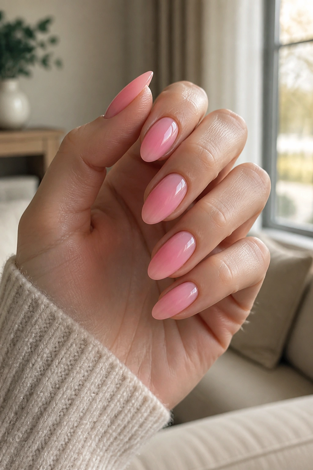 Close-up of a real hand with almond nails displaying a soft center glow on pink.