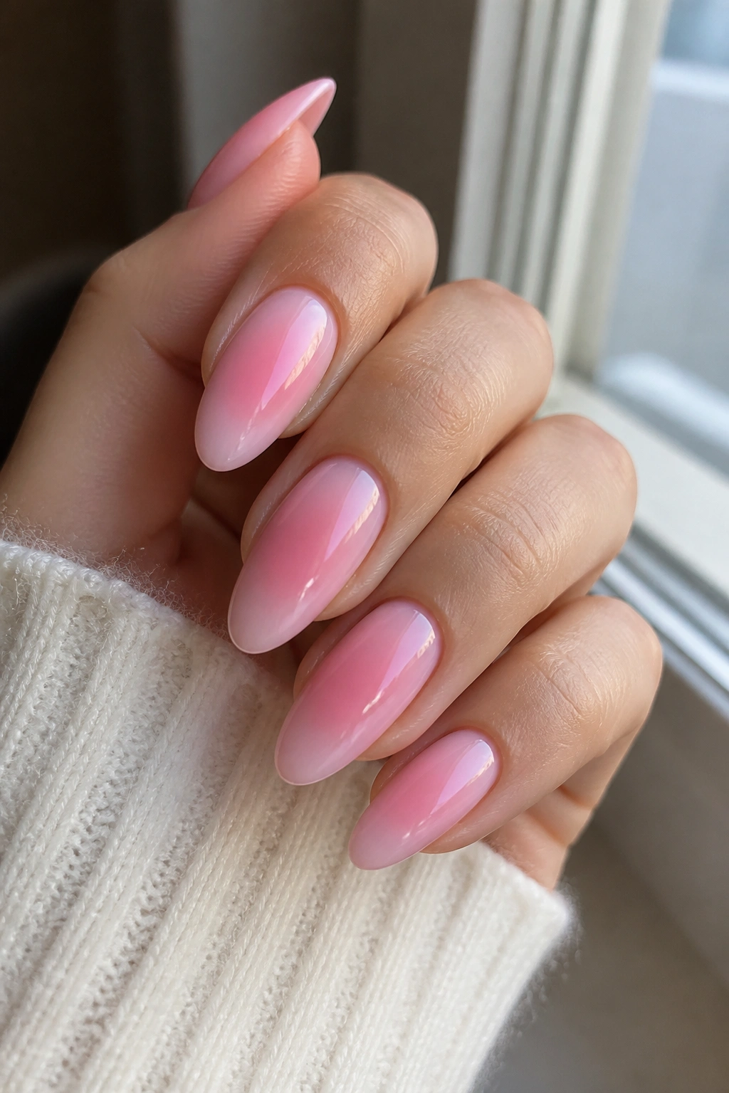 Close-up aura pink almond nails with soft center glow