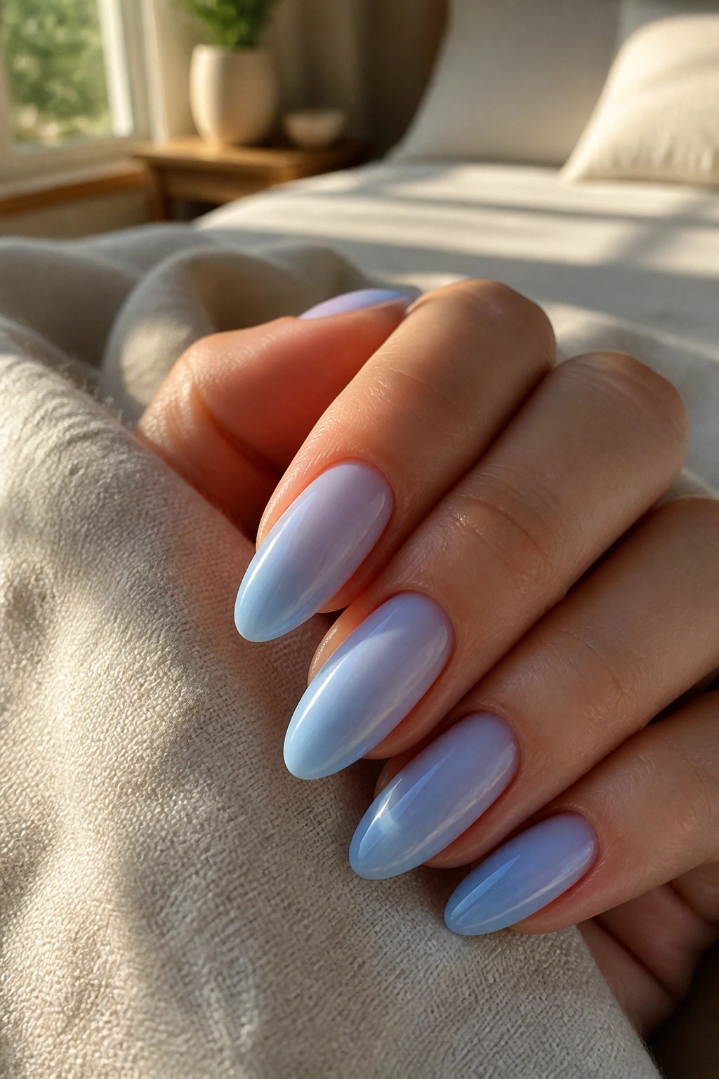 Close-up of almond nails with baby blue glaze under natural window light