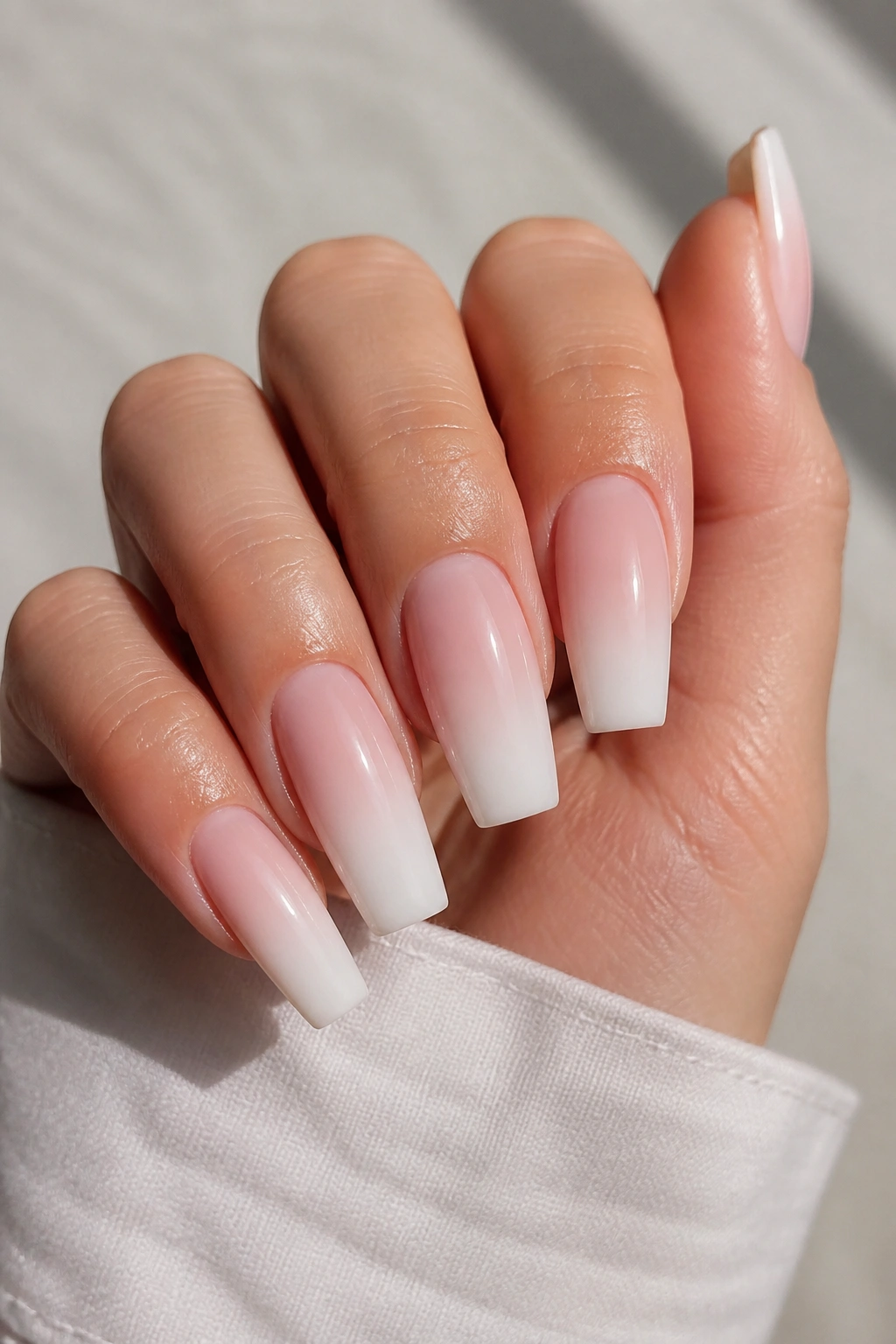Close-up of medium length baby boomer coffin nails with pink to white fade