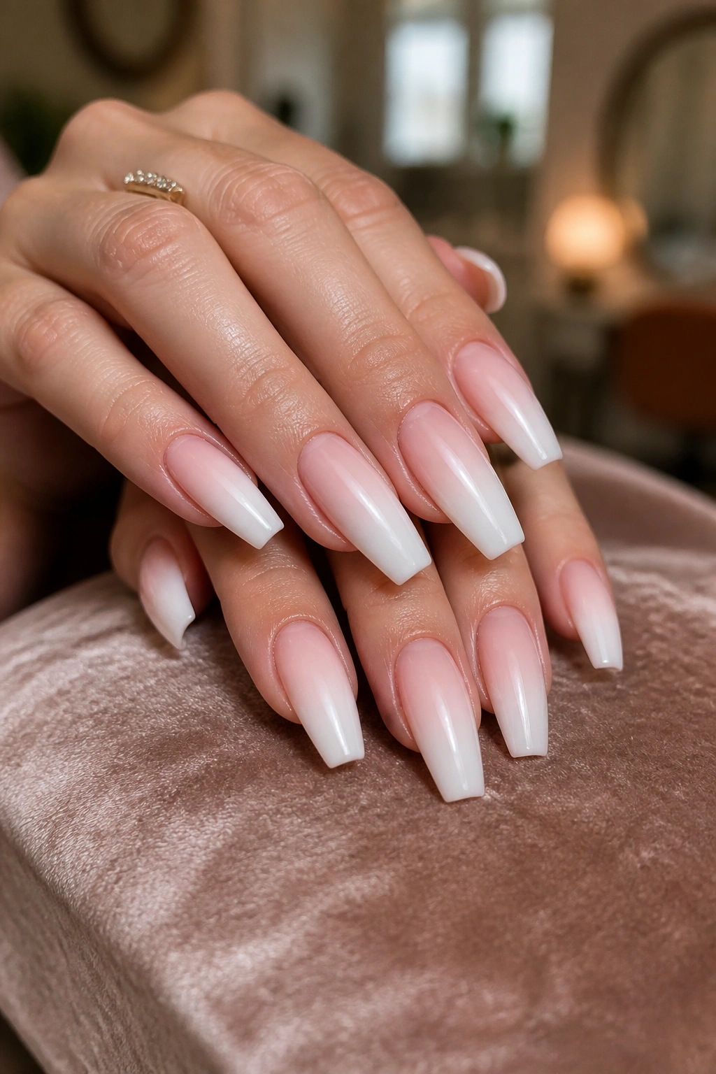 Close-up of baby boomer fade coffin nails on a real hand in a spa setting