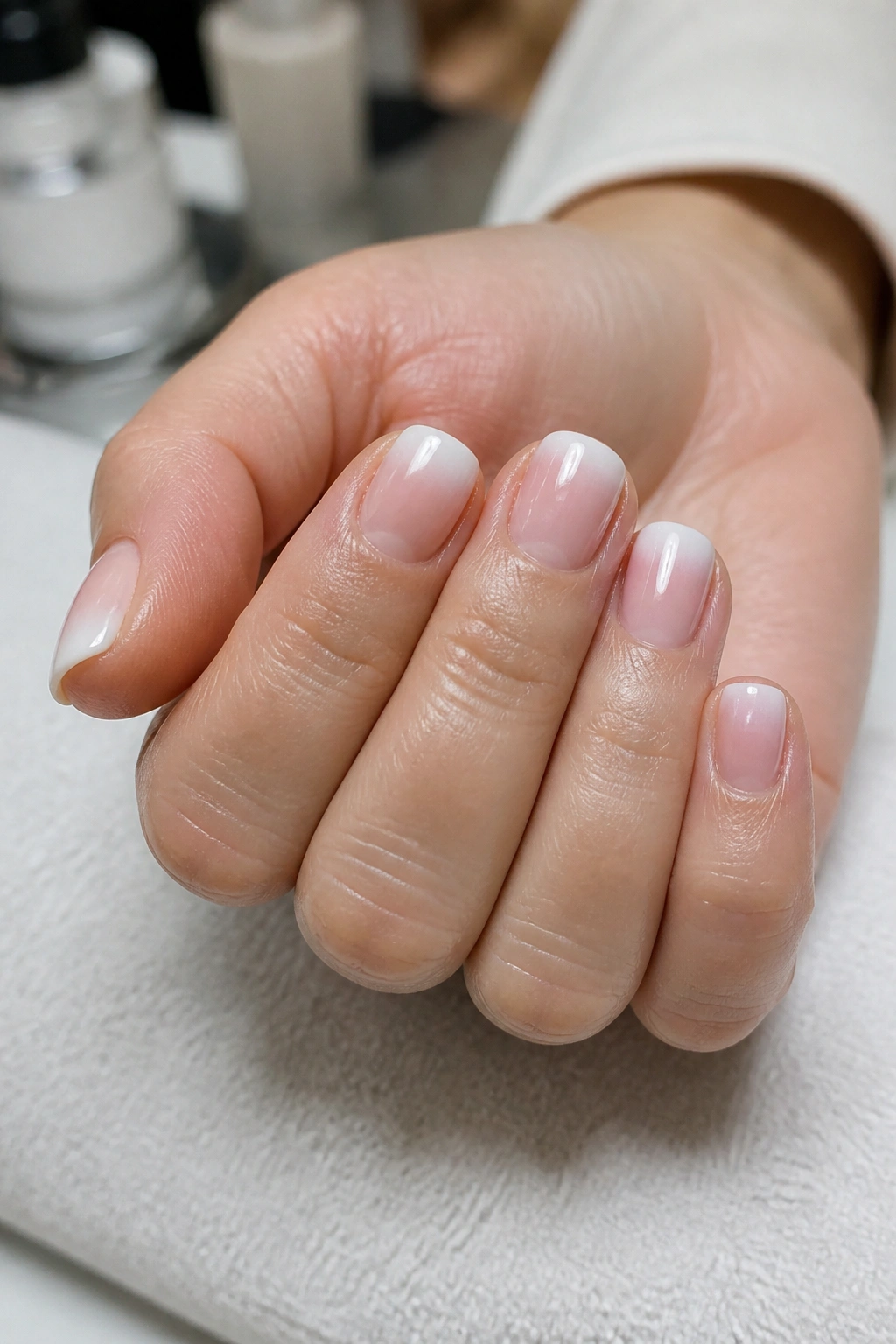 Close-up of baby boomer ombré on short flat tip nails