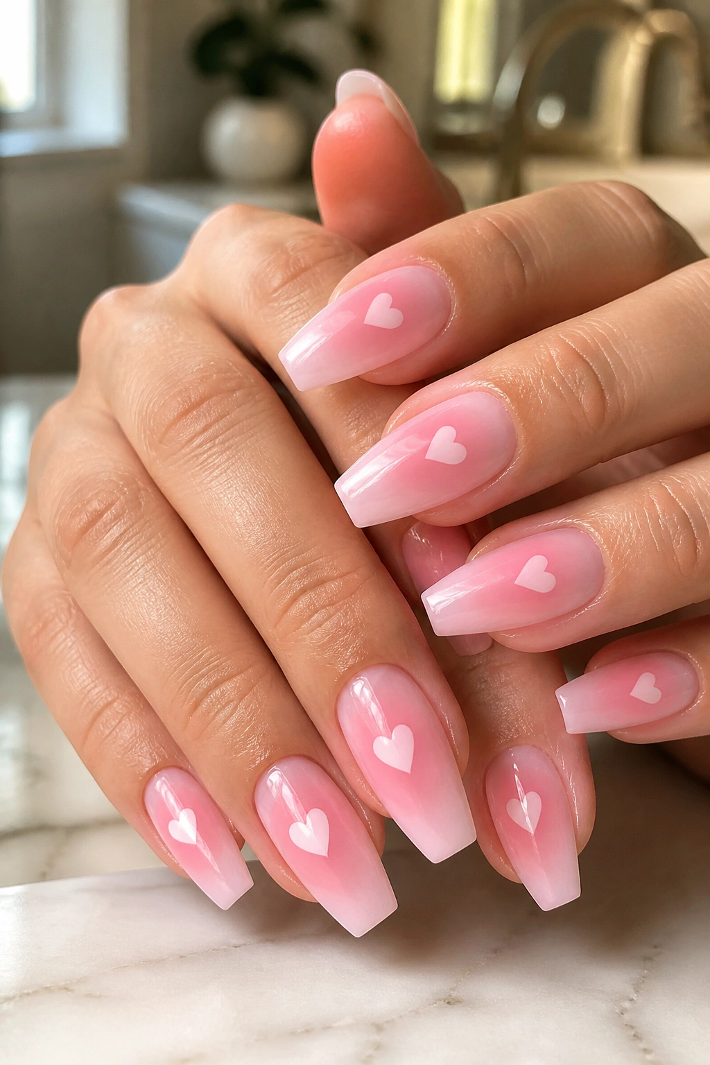 Close-up of coffin nails with baby pink aura and centered white heart