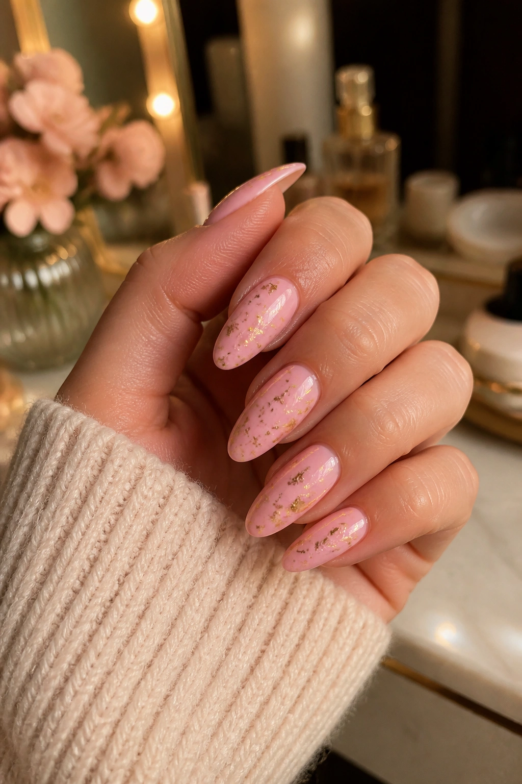 Close-up of almond nails in baby pink with gold foil on real hand