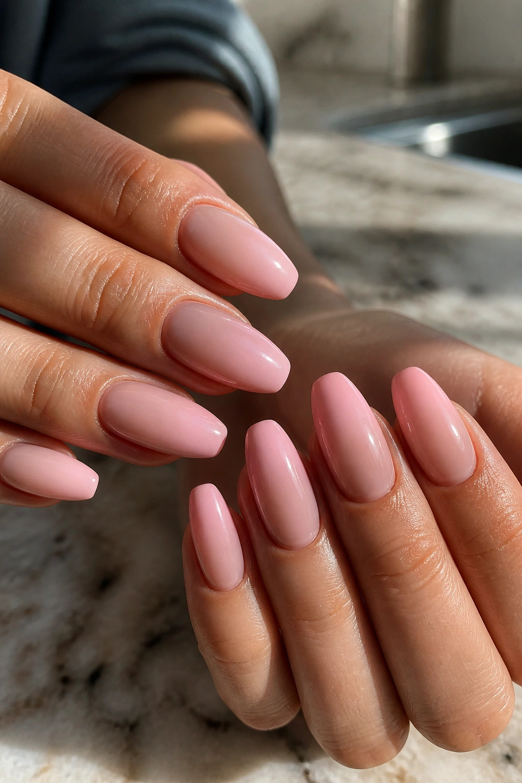 Close-up of baby pink ombré almond nails on a real hand