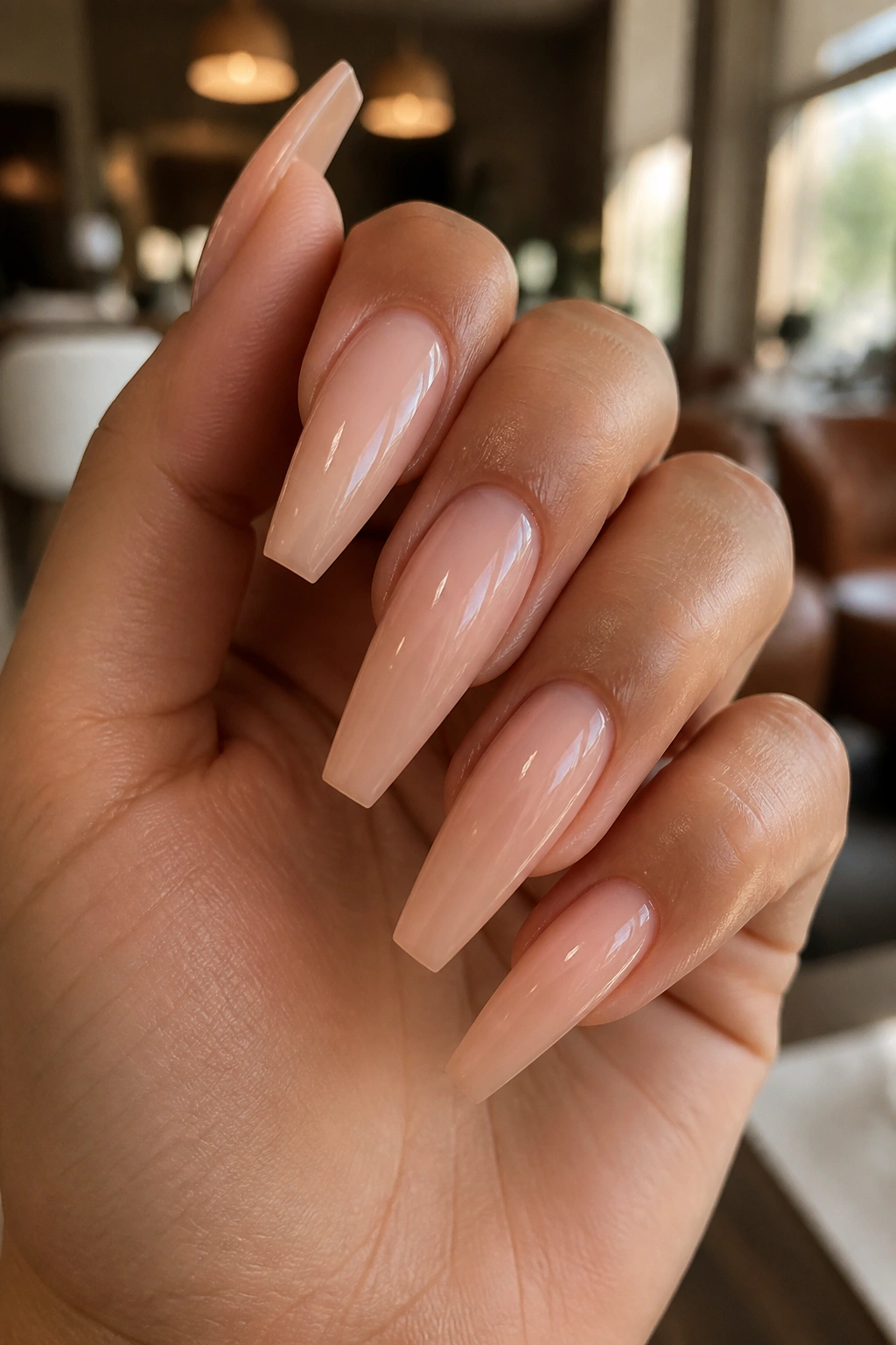 Close-up of a hand with ballerina nails in a neutral glossy finish in a warm salon setting