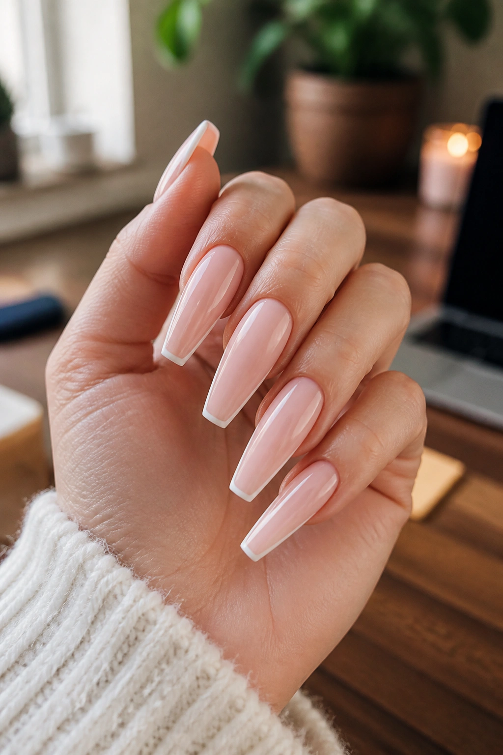 Close-up of a real hand with long ballerina nails in a milky nude micro-French manicure