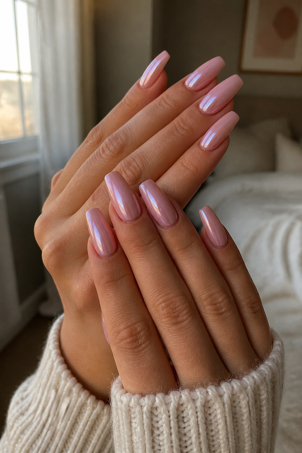 Close-up of real hands with milky pink chrome ballerina nails in a bedroom setting