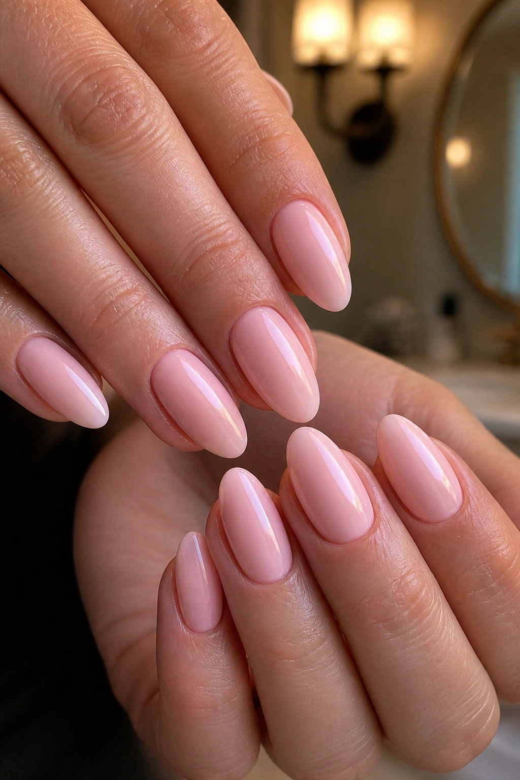 Close-up of ballet pink cream almond nails on a real hand