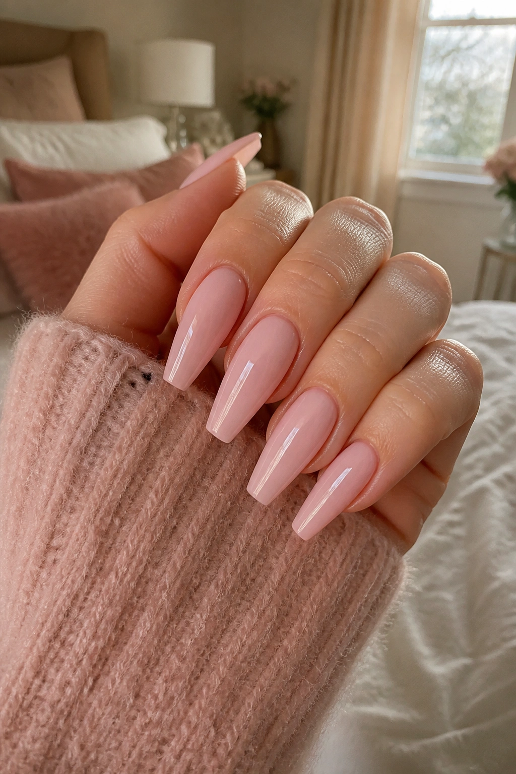 Close-up of ballet-slipper pink coffin nails with high-gloss finish on a real hand