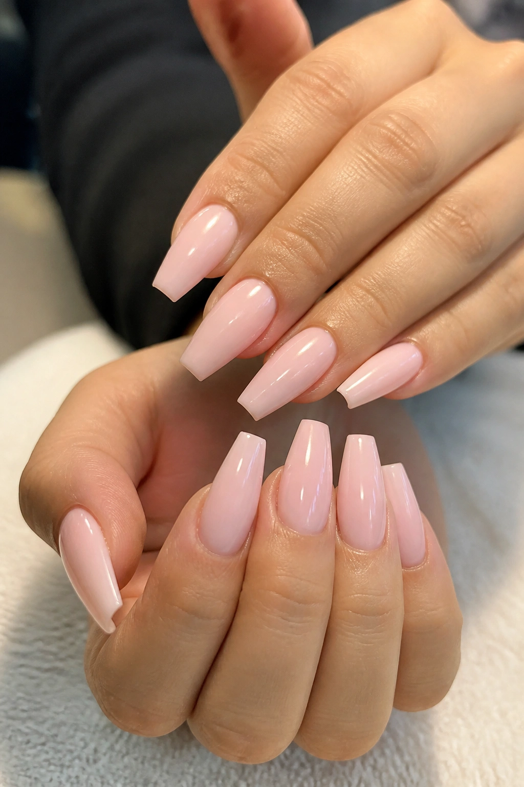 Close-up of real hands showing coffin nails painted in ballet slipper pink with a glossy finish.