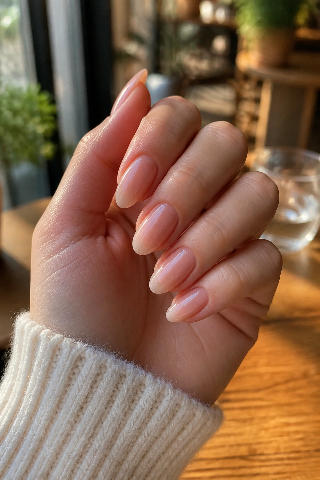 Close-up of bare gloss almond nails on a real hand with clear shine