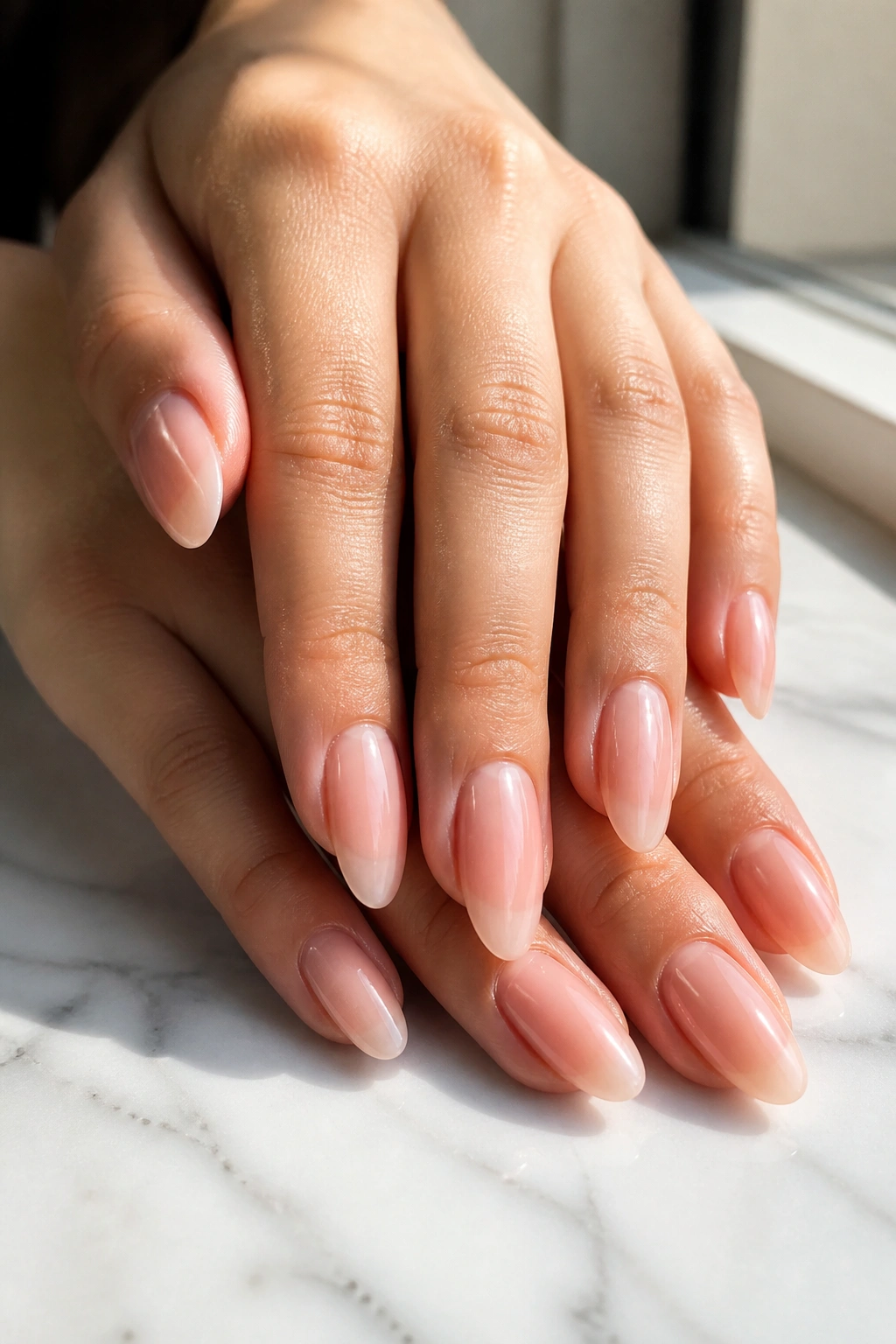 Close-up of bare oval nails on a real person's hands in sheer pink nude tones