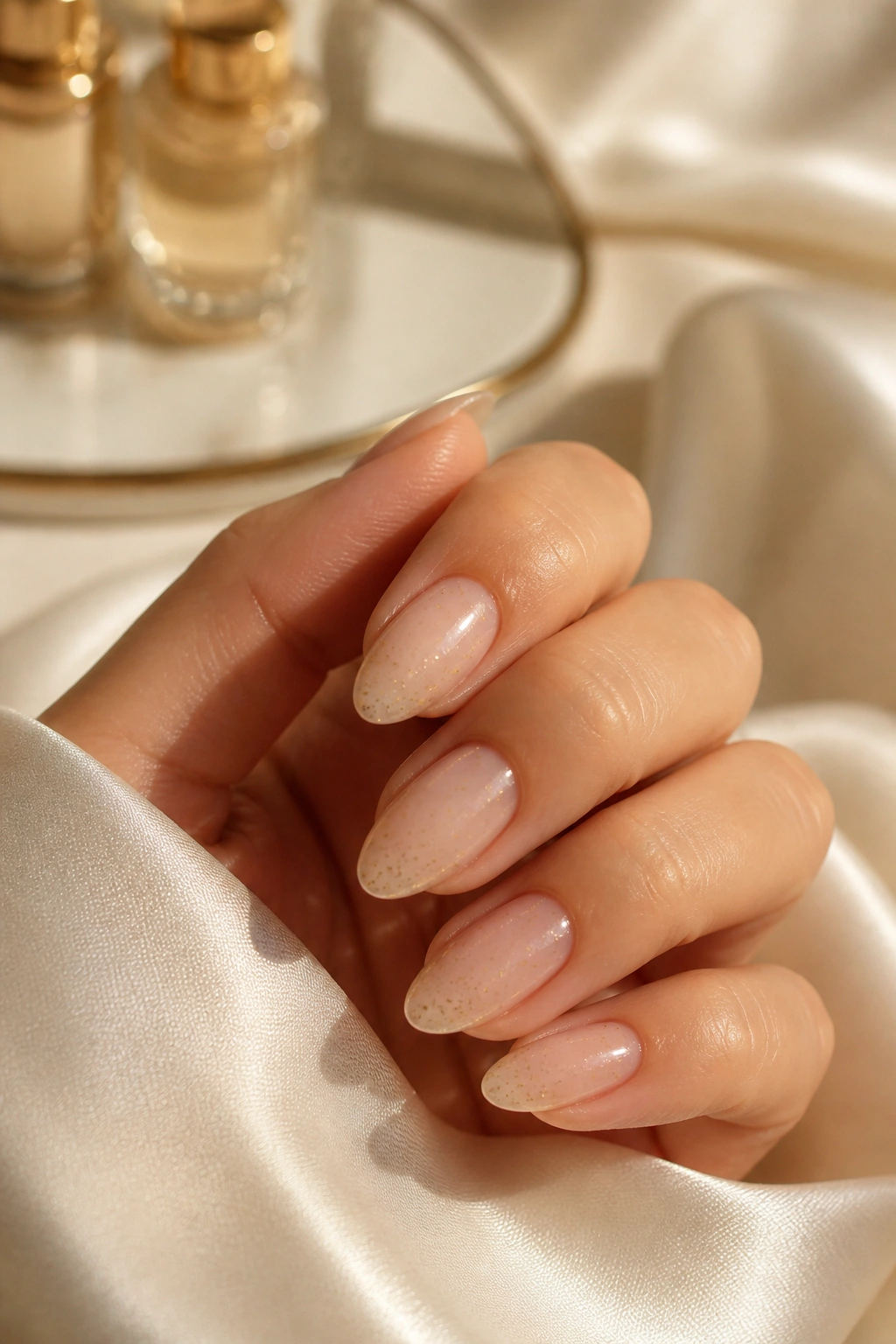 Close-up of nude almond nails with subtle champagne glitter on real hand