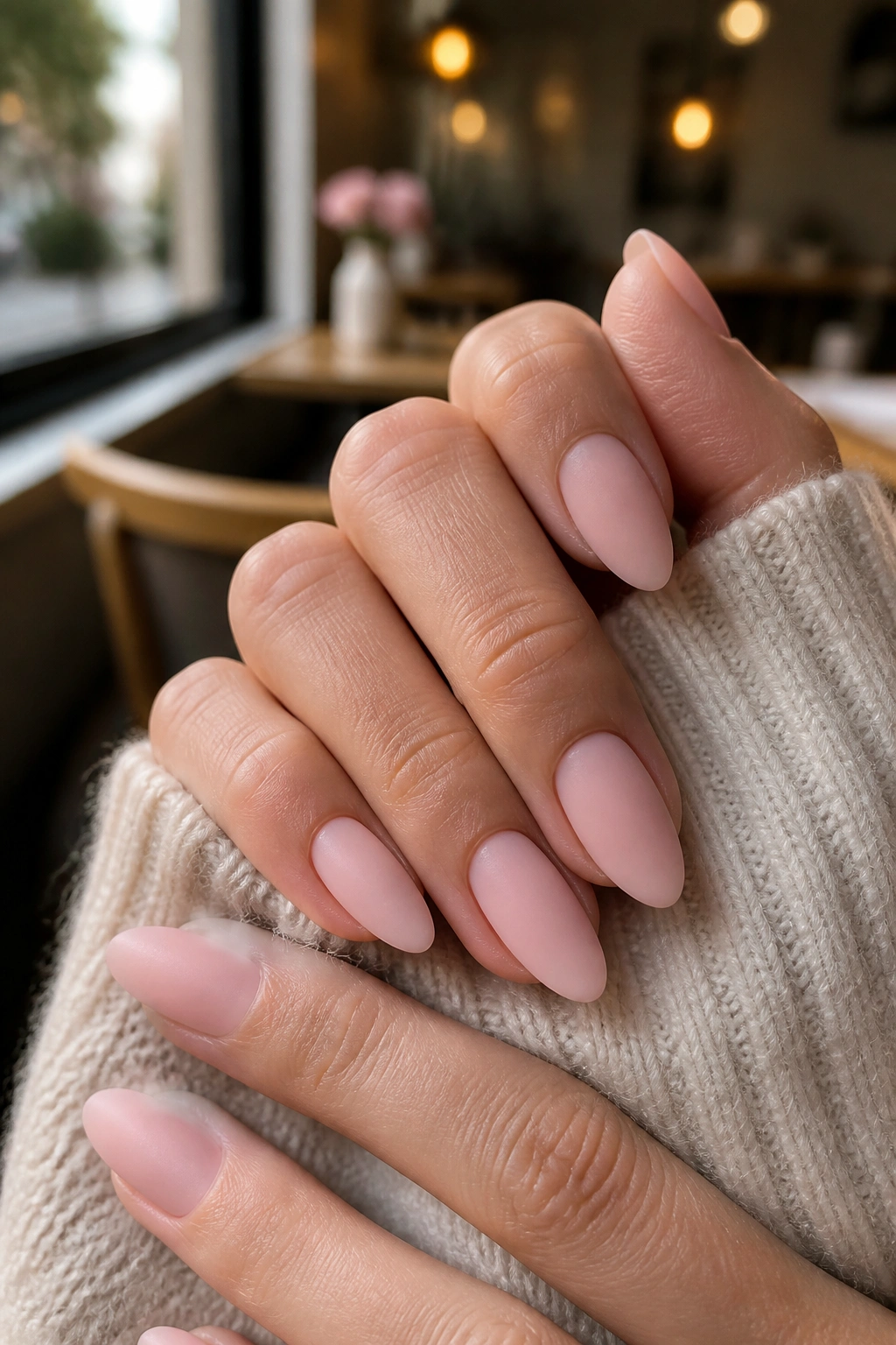 Close-up of almond nails with sheer pink velvet matte finish on real hands