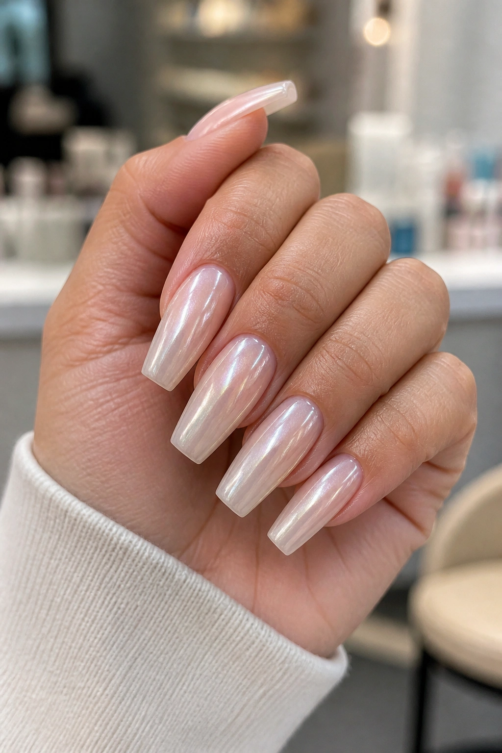 Close-up of coffin nails showing base color and pearl detail on a real hand