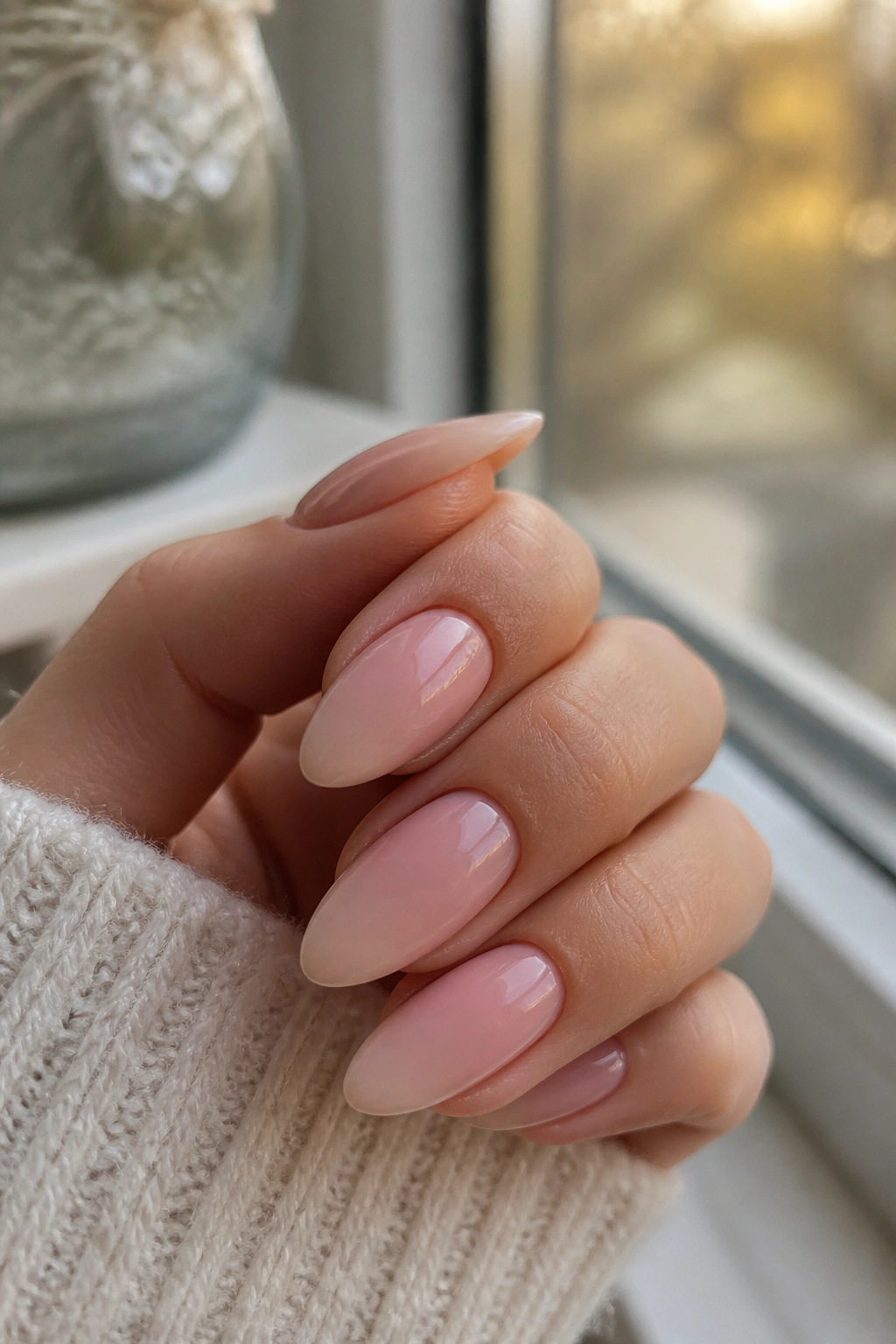 Almond nails with a beige-to-blush barely-there ombre.