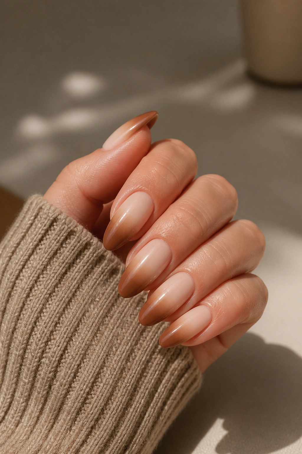 Close-up of beige to brown ombre almond nails on a real hand