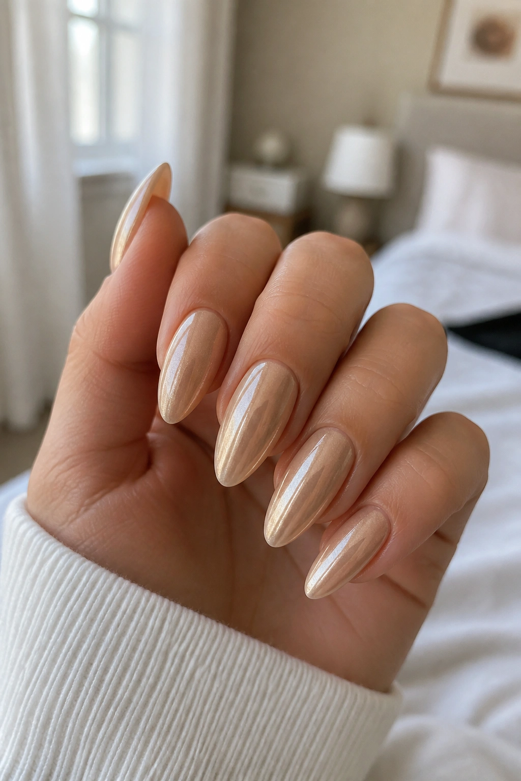 Close-up of almond nails with beige cat-eye chrome on a real hand