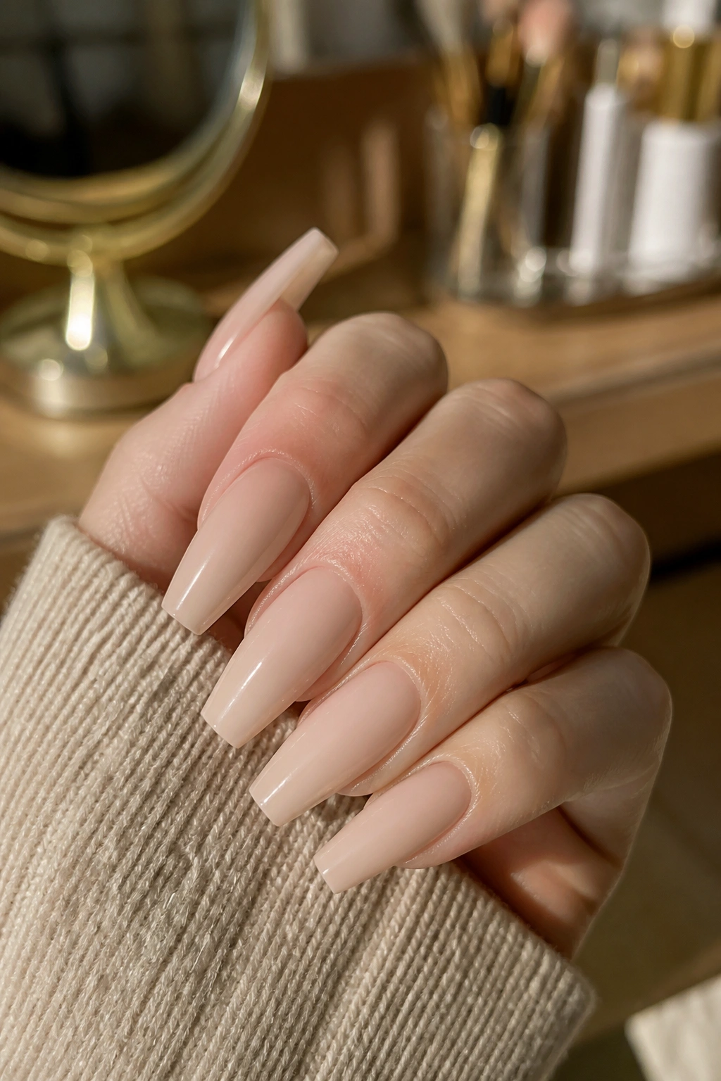 Close-up of barely-there beige coffin nails on real hand