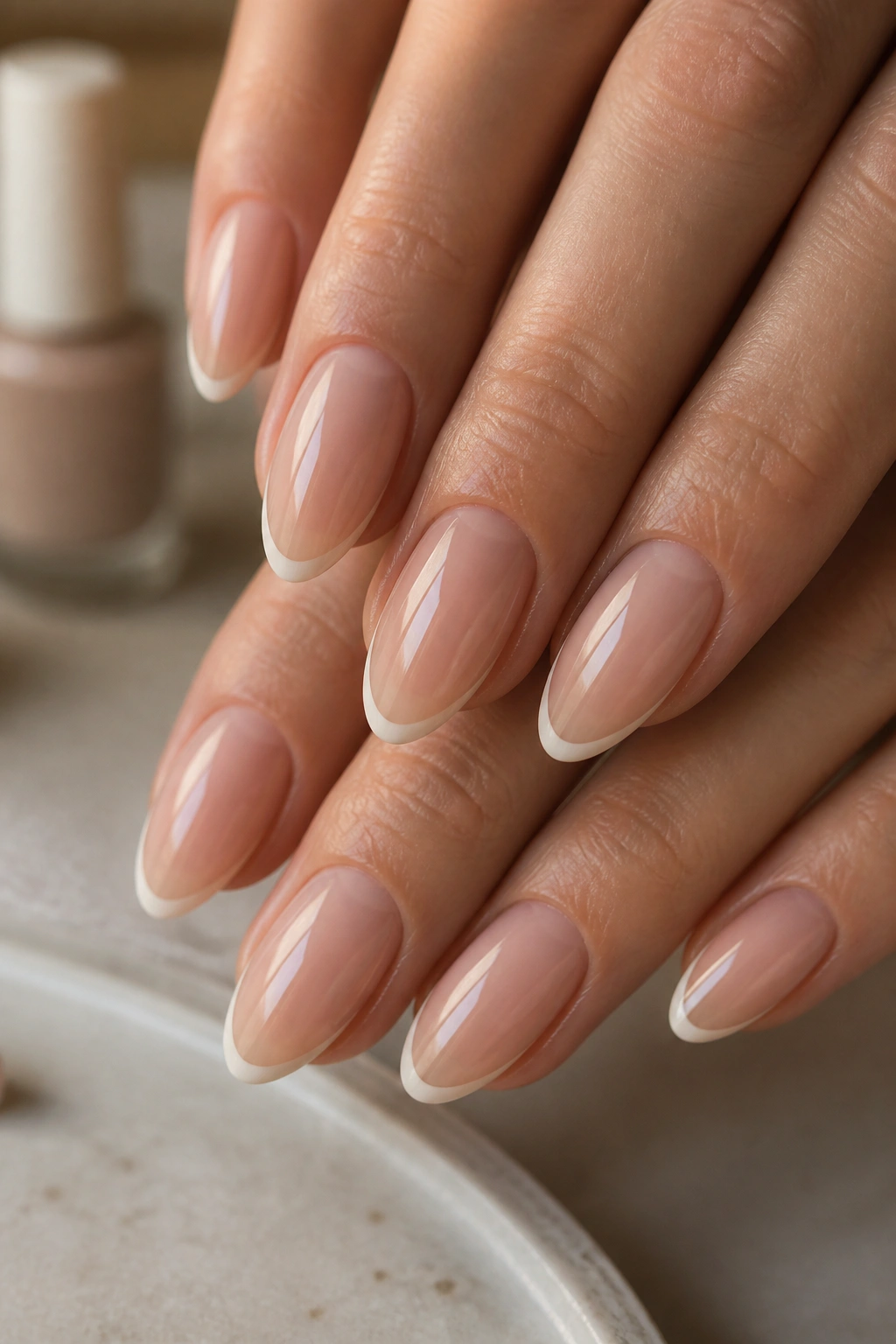 Close-up of beige micro french almond tips on a sheer base