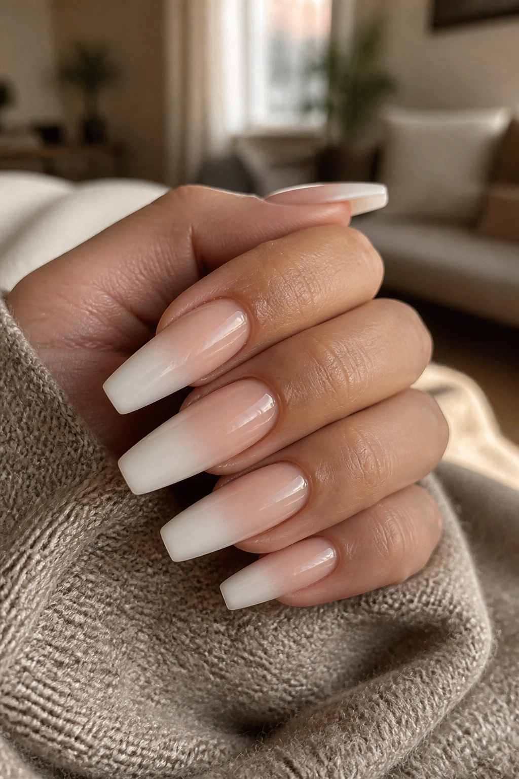 Close-up of nude beige to white ombre coffin nails on a hand.