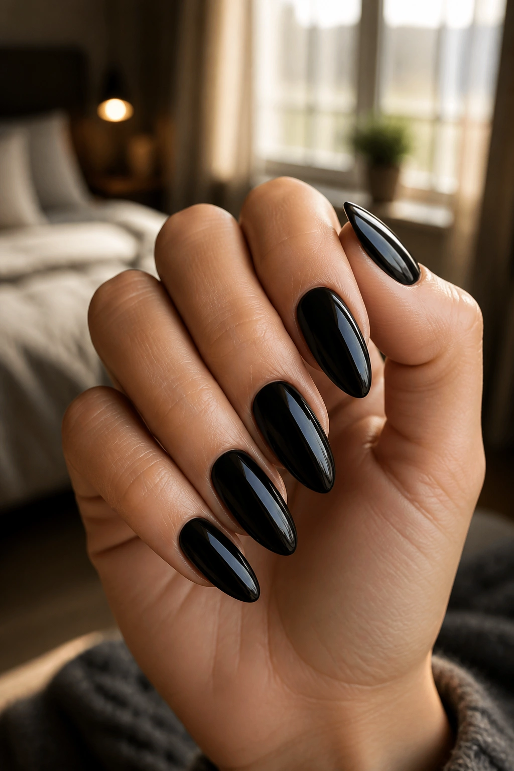 Close-up of a hand with glossy black almond nails filling the frame