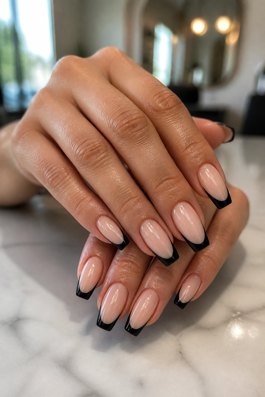 Close-up of hands with coffin nails featuring a sheer nude base and 2-4 mm black tips for a clean finish