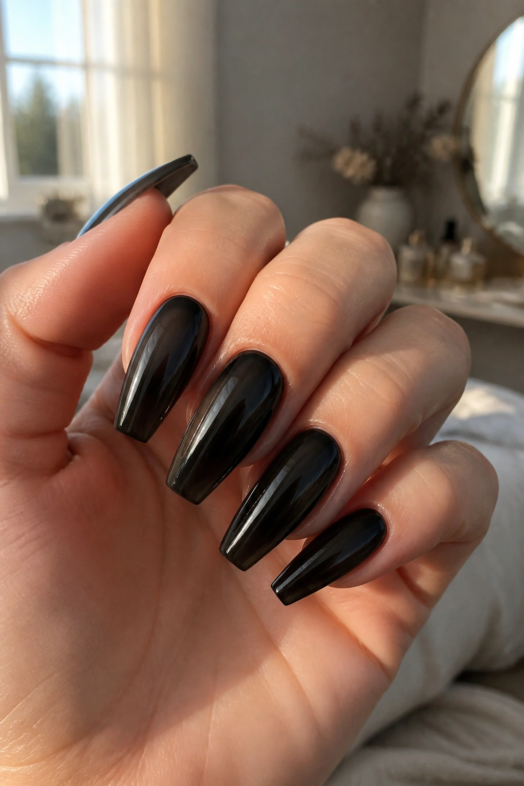 Close-up of black jelly coffin nails showing translucent depth on a manicured hand