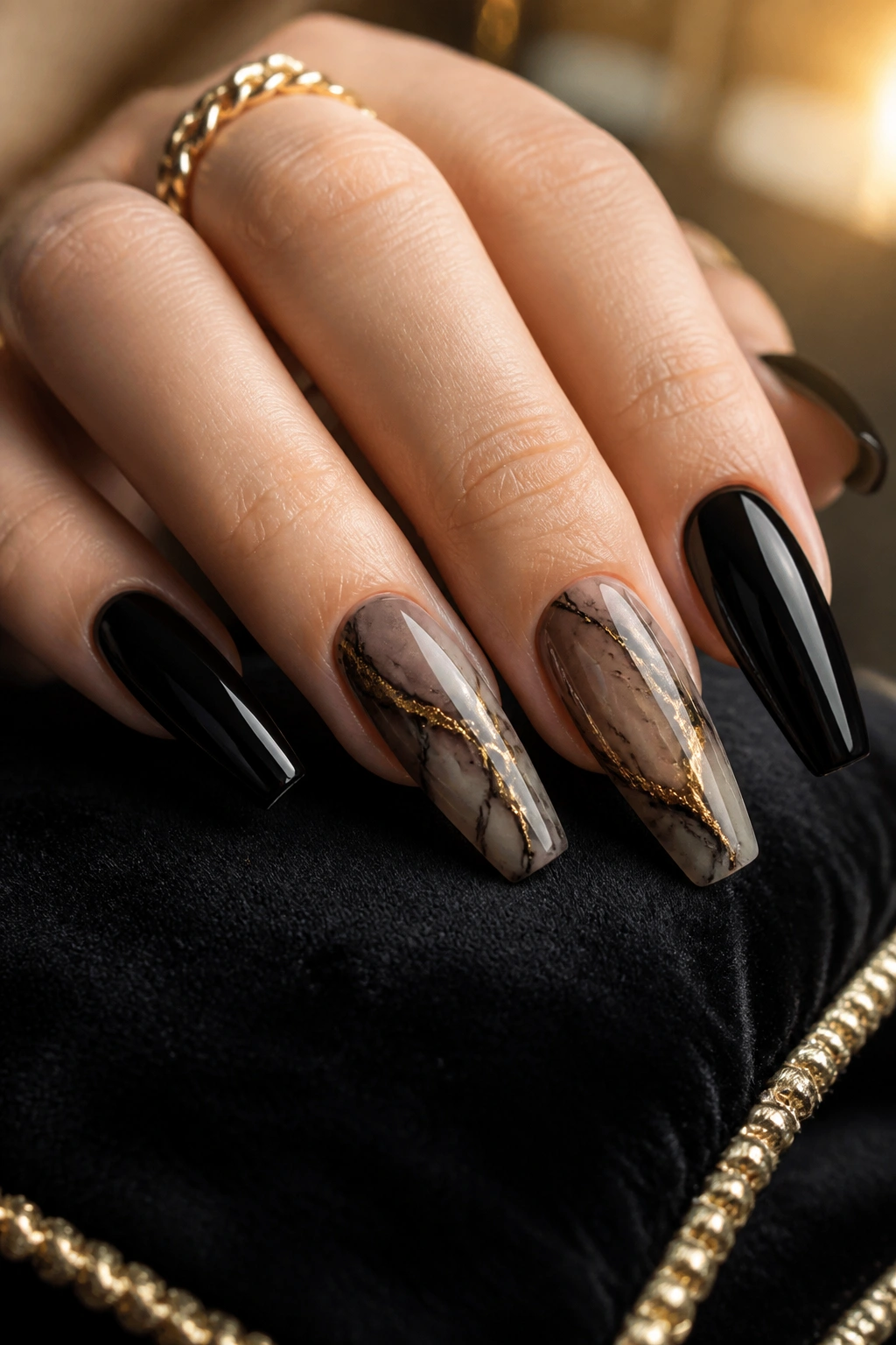 Close-up coffin nails with smoky marble accents and gold veining in a luxe salon