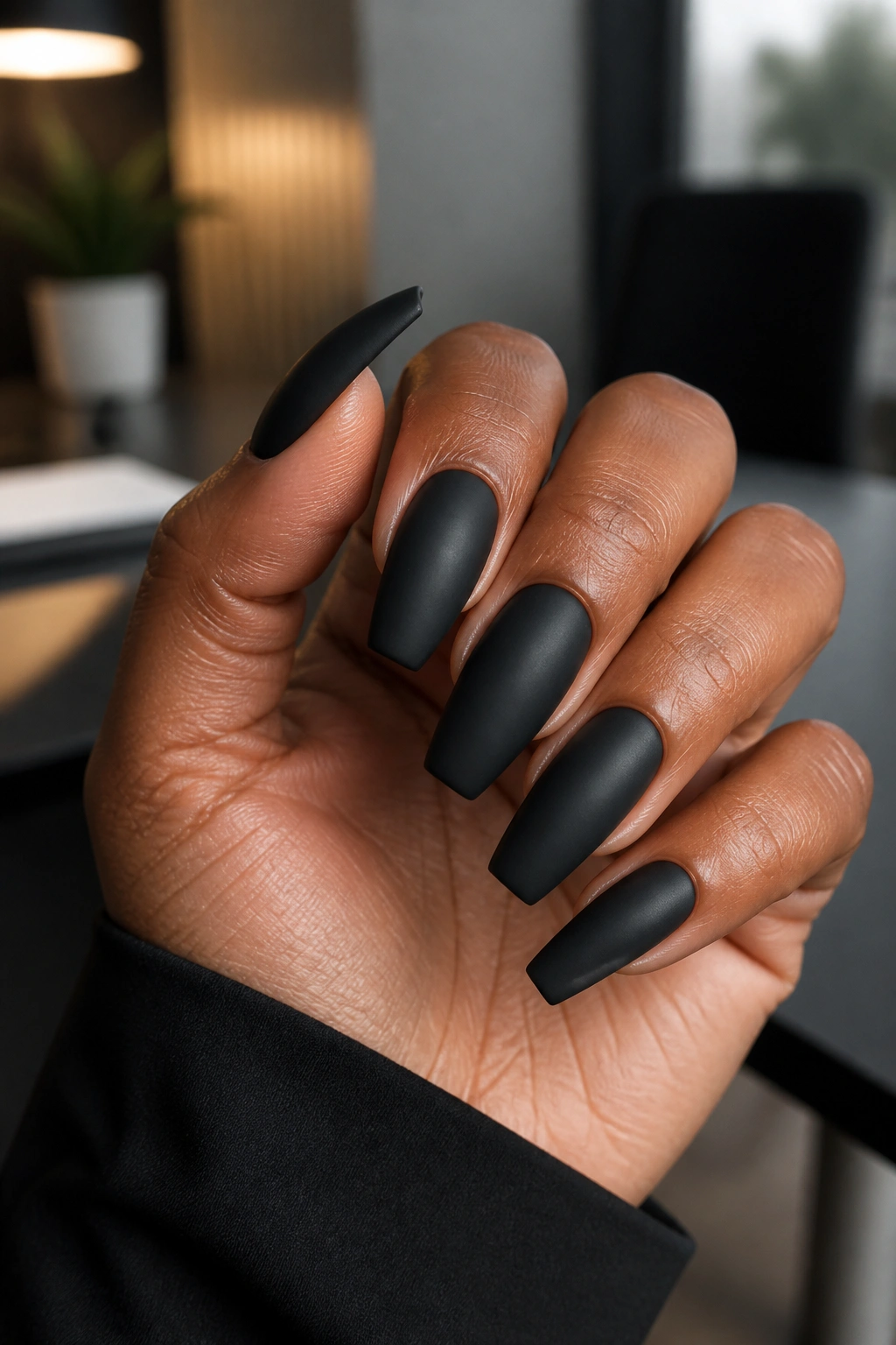 Close-up of black matte coffin nails on real hand.