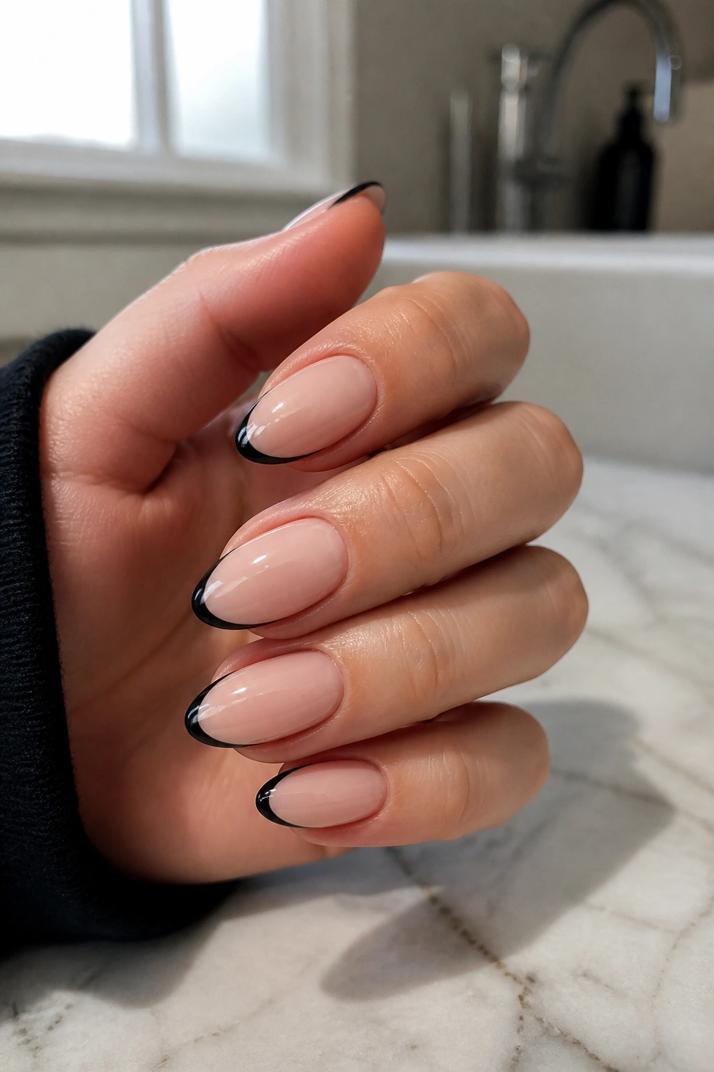 Close-up of almond nails with ultra-thin black micro French tips on nude base.