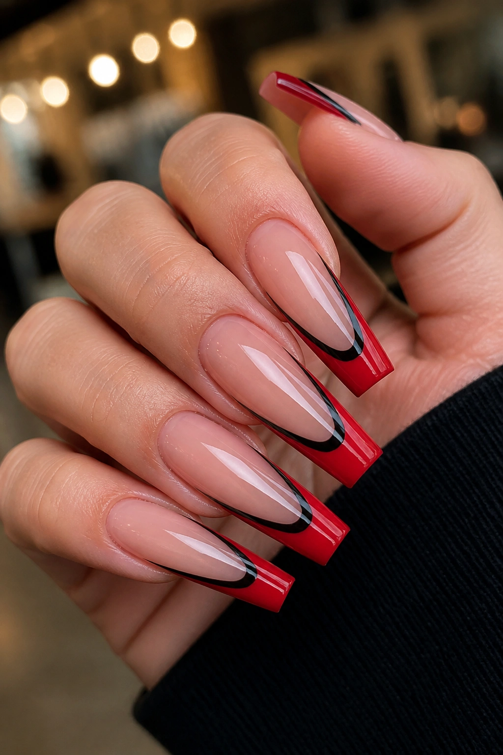 Close-up of long coffin nails with black and red double French lines