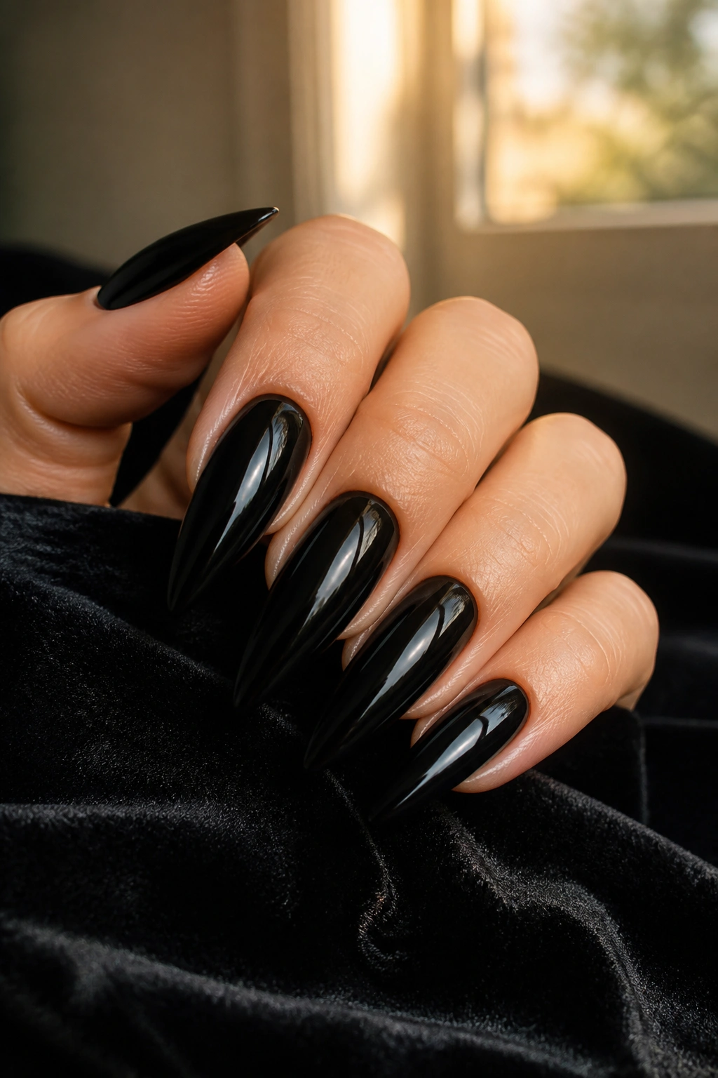 Close-up of glossy black stiletto nails on a real hand in warm window light
