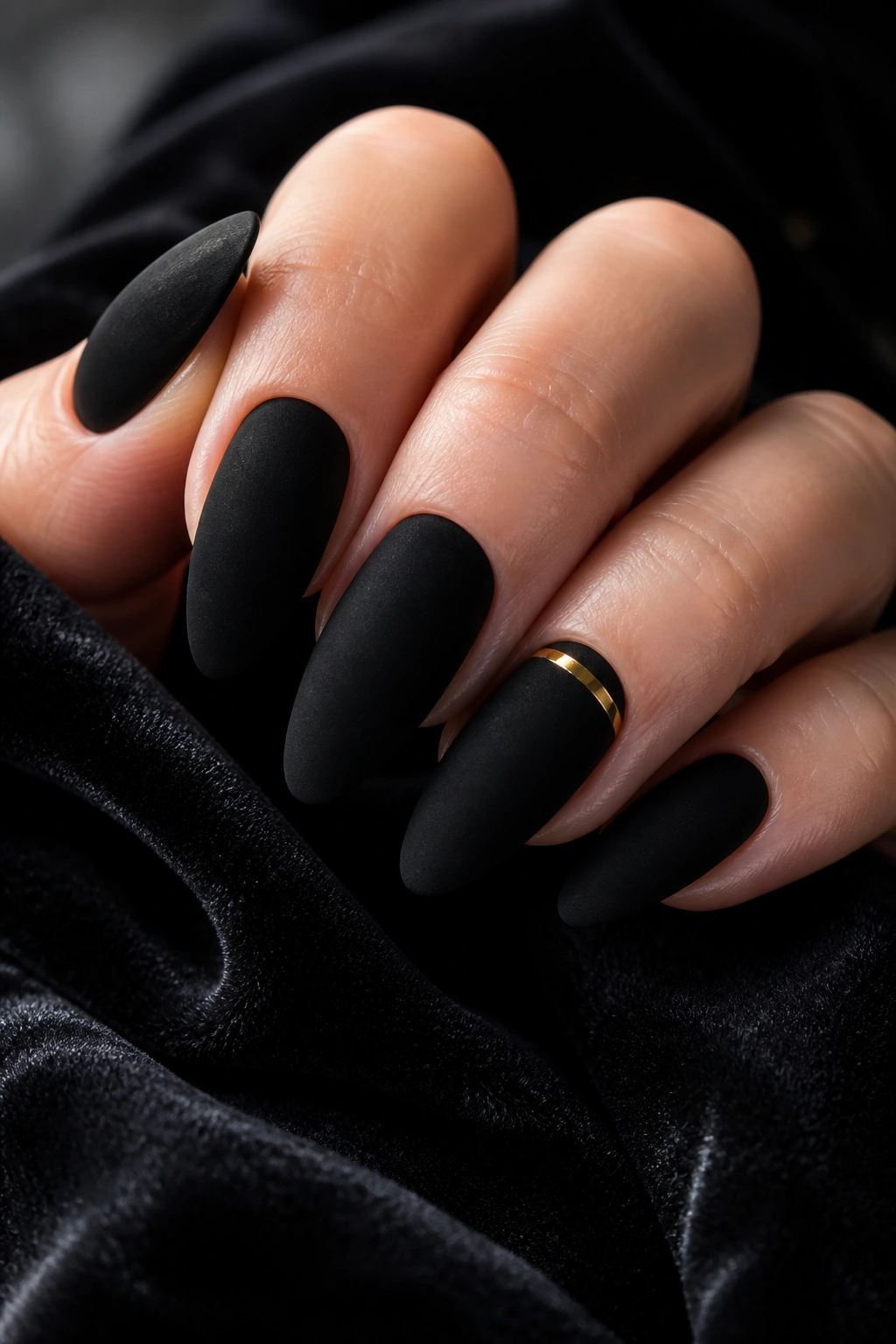 Close-up of black velvet almond nails with a thin gold stripe on a hand