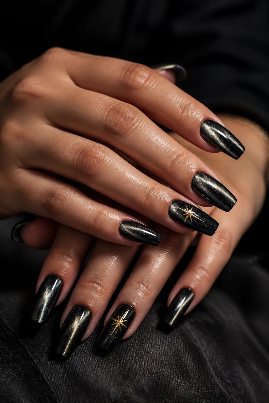 Black velvet magnetic nails with a single gold star on real hands