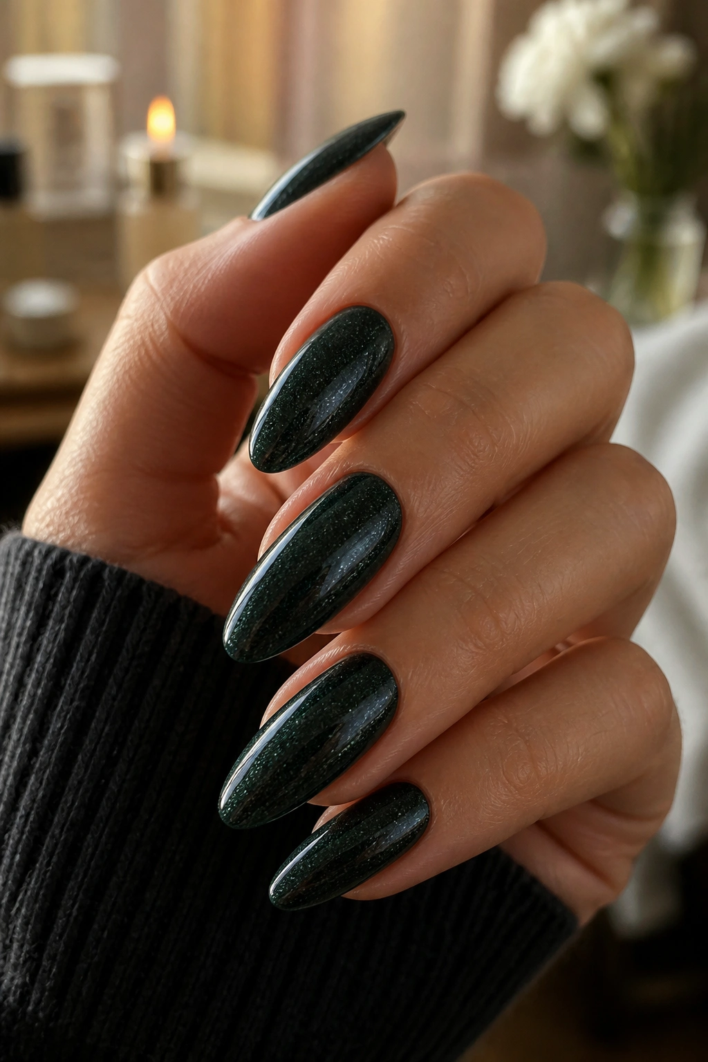 Close-up of blackened green nails with micro glitter on a real hand