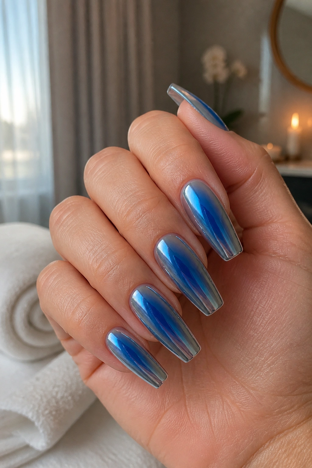 Close-up of blue aura chrome nails with airbrushed center on a real hand