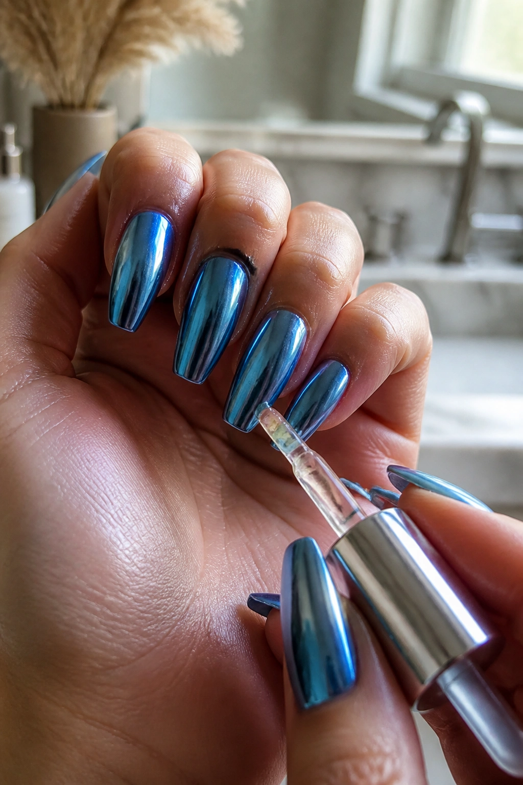 Real hand with blue chrome coffin nails applying cuticle oil to maintain shine
