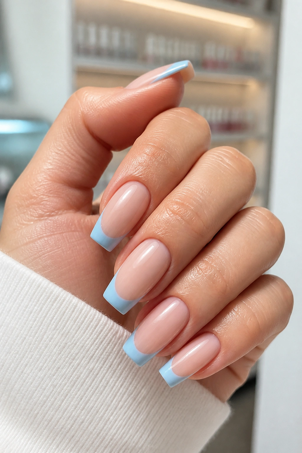 Close-up of light blue French tip coffin nails on a real hand