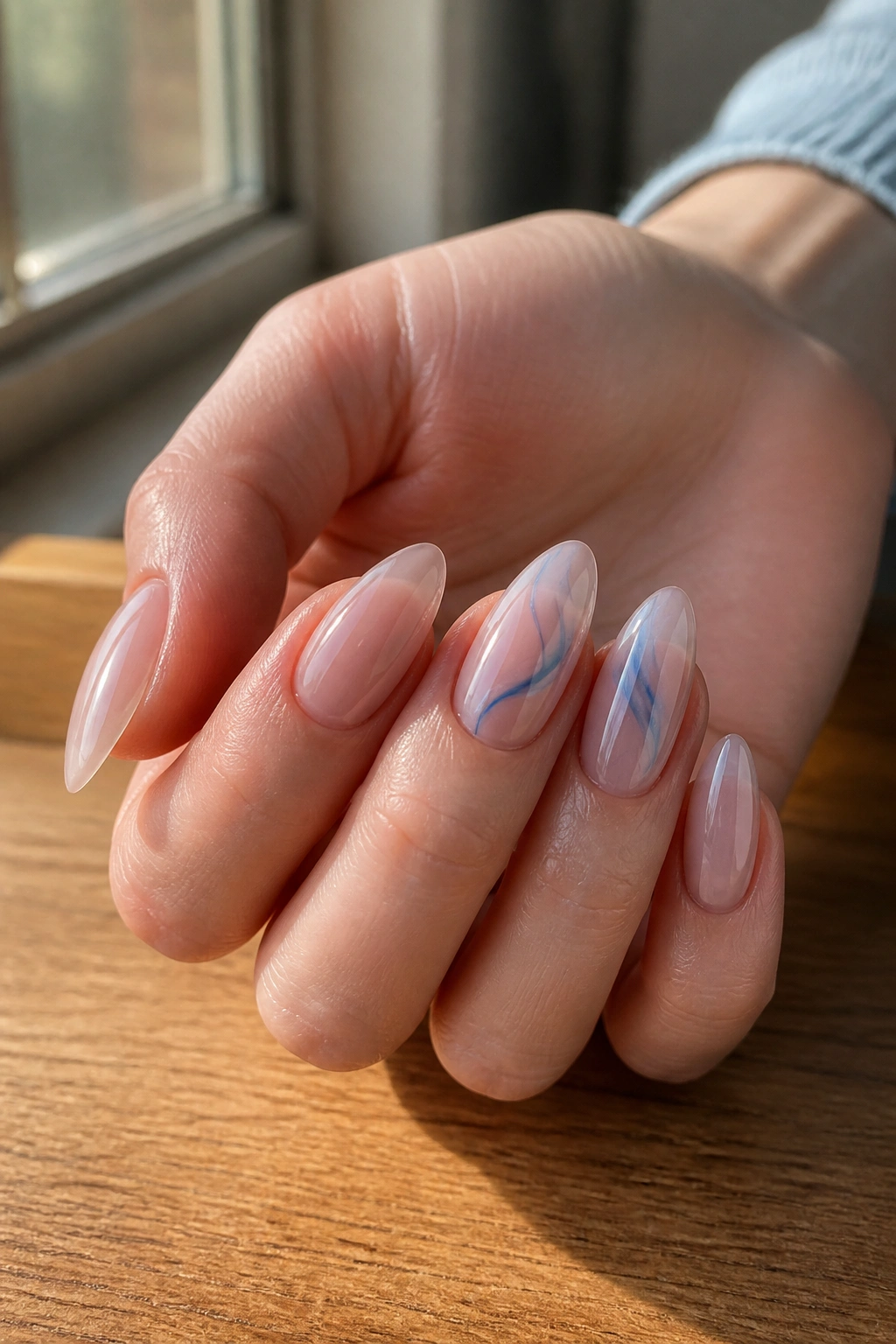 Close-up of almond nails with a blue swirl on a clear base on a real hand