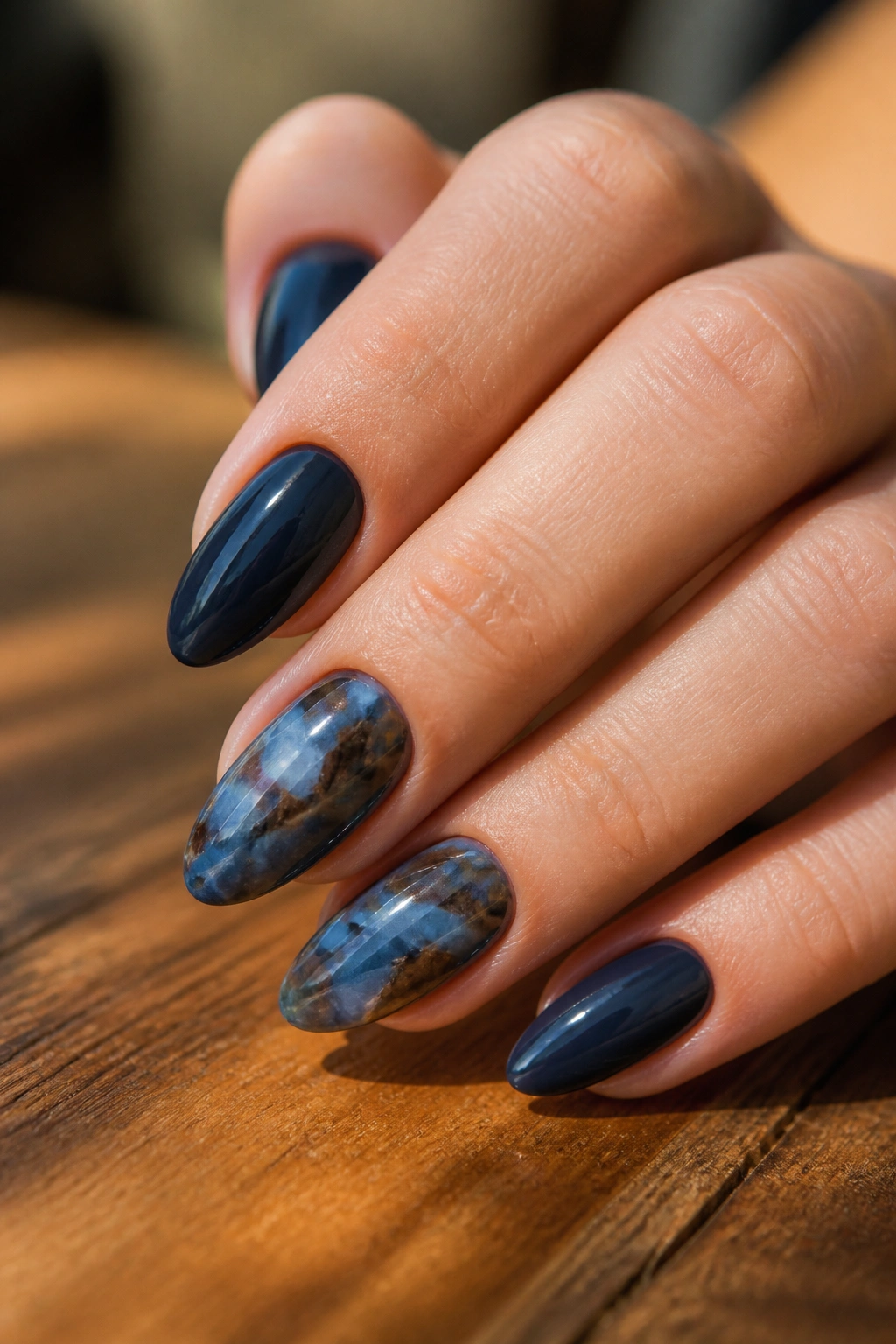 Close-up of blue tortoiseshell accented almond nails on a hand