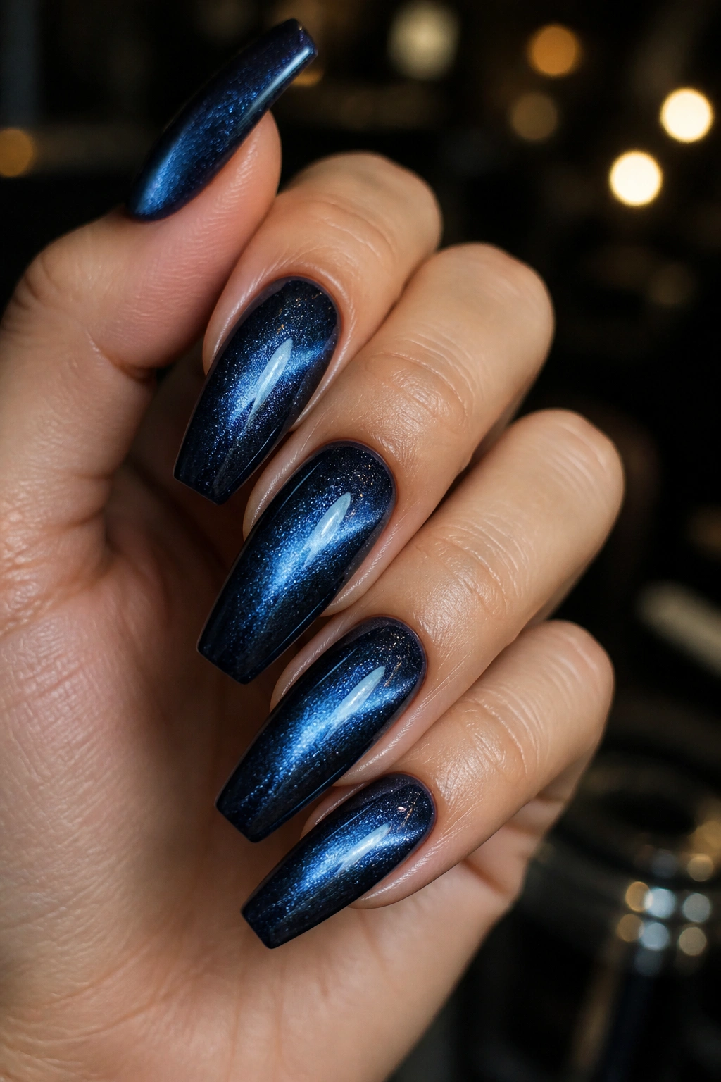 Coffin nails with blueberry cat-eye magnetic shimmer on a real hand