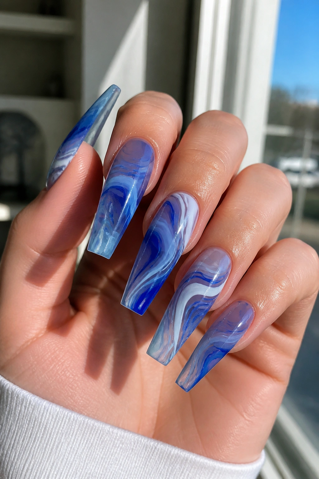 Blueberry jelly swirl coffin nails on real hand