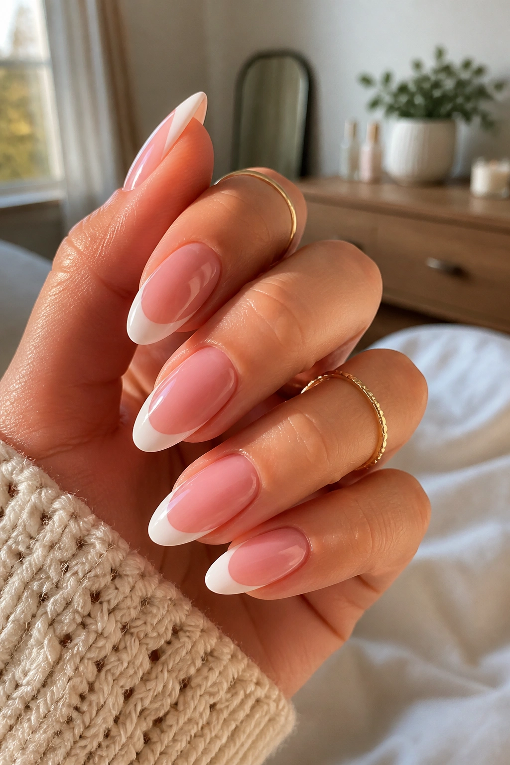 Close-up of almond nails with blush aura and white French outline