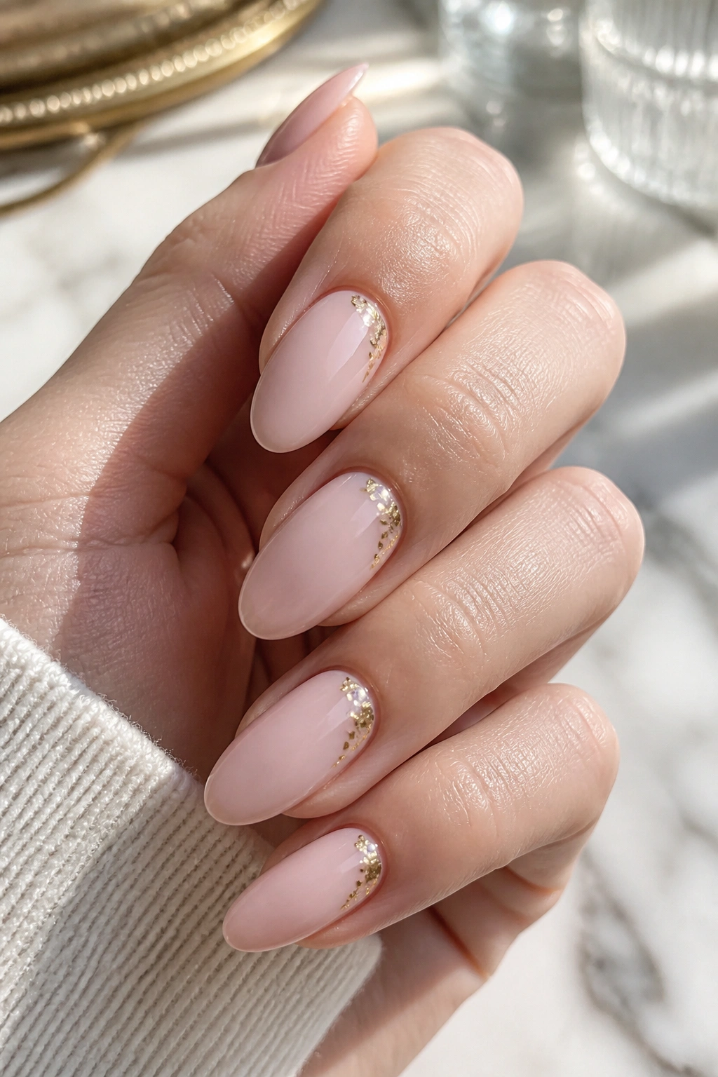 Close-up of almond nails with pale pink base and gold foil near the cuticle